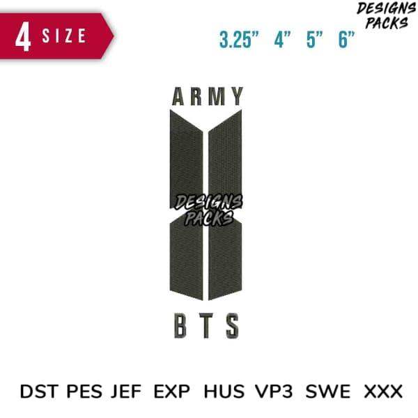 BTS Army logo embroidery design in multiple sizes, compatible with DST, PES, and other formats.
