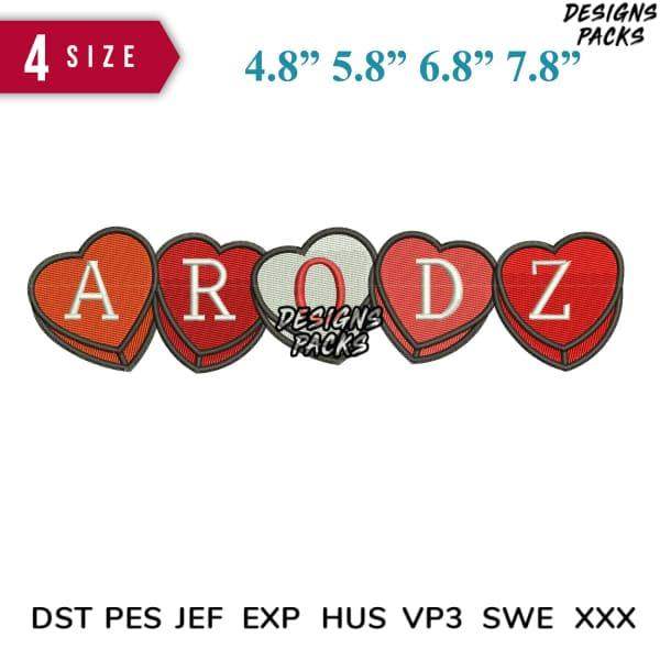 Embroidery design with heart-shaped letters A-R-O-D-Z in red and white, available in multiple sizes and file formats.