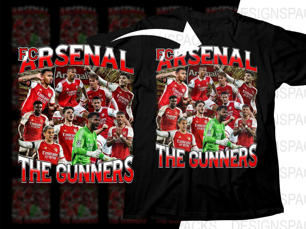 Arsenal FC 'The Gunners' t-shirt design featuring team players in red jerseys, ideal for DTF/DTG printing.