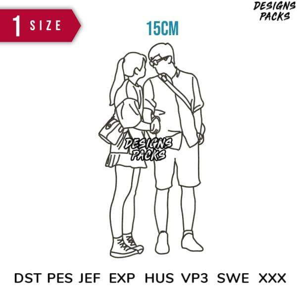 15cm couple line art design for embroidery, DTF, DTG – DST PES JEF formats included
