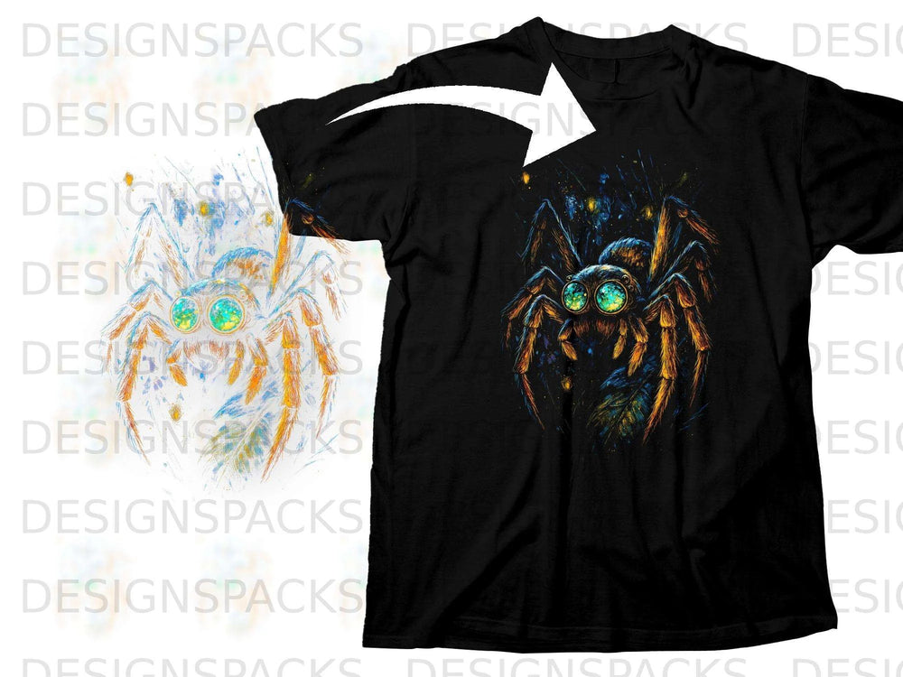 Black t-shirt with a colorful, detailed spider graphic on the chest.