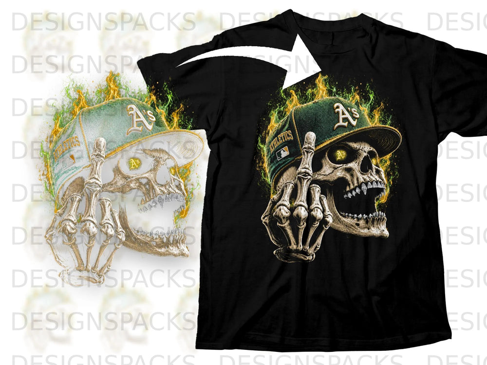 Black t-shirt graphic featuring a flaming skull wearing an Athletics cap and giving the middle finger.