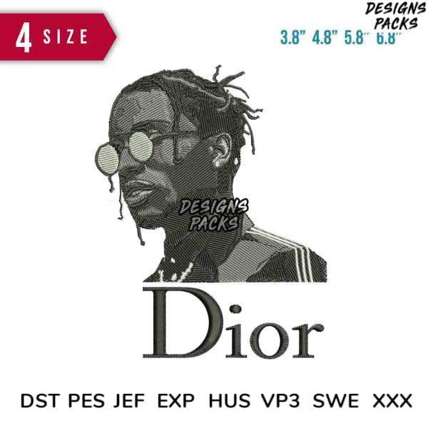 Embroidery design of a stylish figure with Dior text, available in multiple sizes and formats.