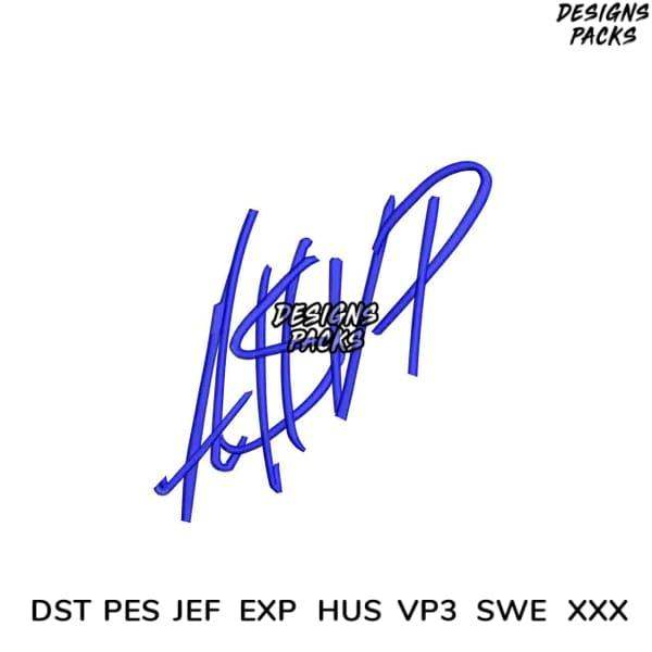 Blue signature-style logo with 'DESIGNS PACKS' text, featuring embroidery file formats like DST, PES, JEF