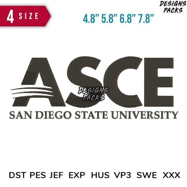 ASCE San Diego State University embroidery design in 4 sizes, DST PES JEF formats