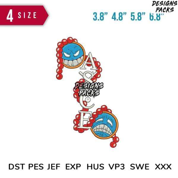 Embroidery design with blue monster faces, red beads, and lettering in 4 sizes, compatible with DST PES JEF formats