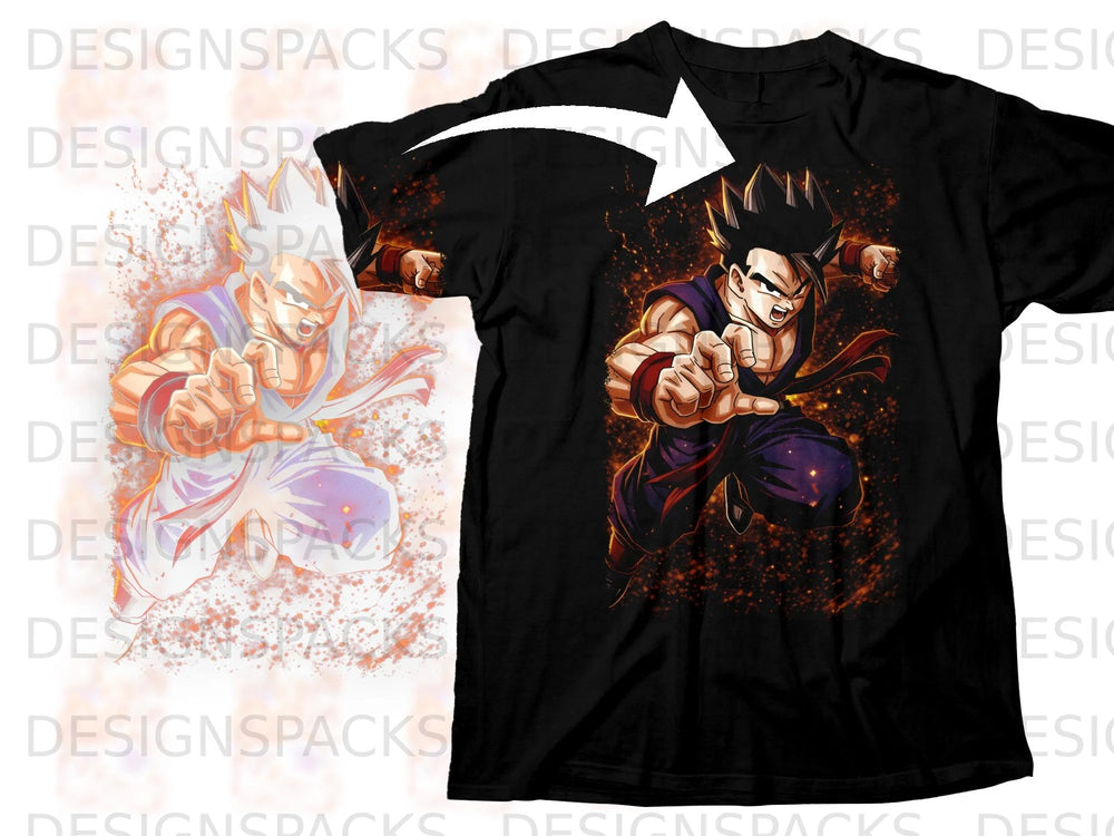 Black t-shirt with anime character Gohan in a dynamic pose with orange energy effects.