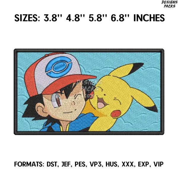 Ash and Pikachu Embroidery Design File, Pokemon Anime Embroidery Design, Nike and Mewtwo Anime Pes Design Brother