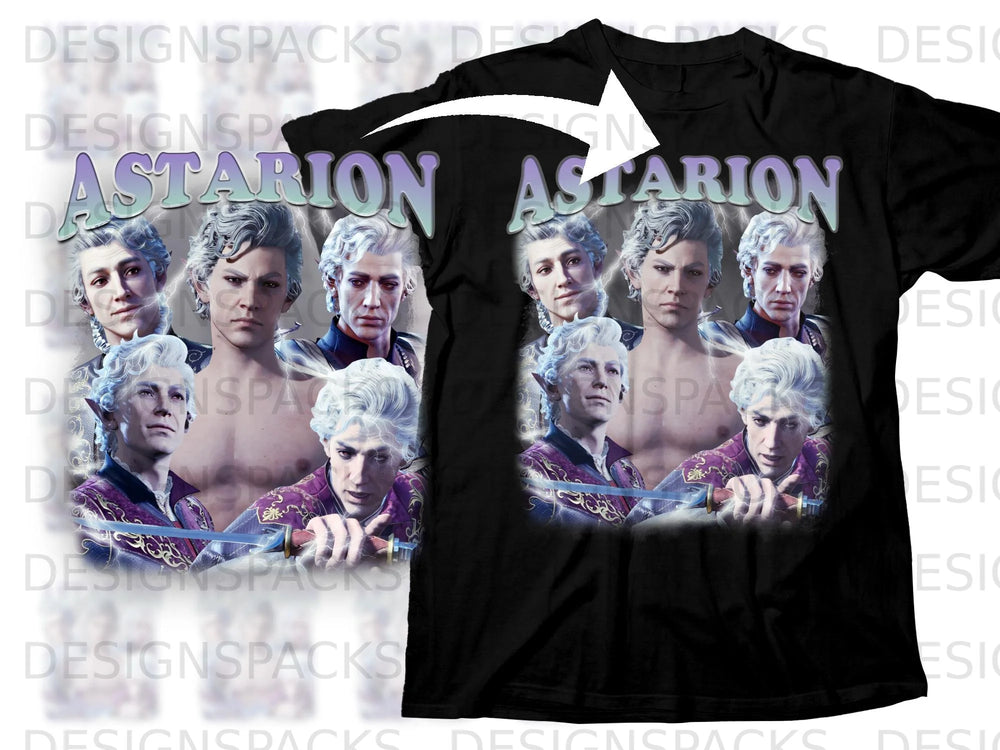 Black t-shirt featuring the name Astarion above four portraits of the character.