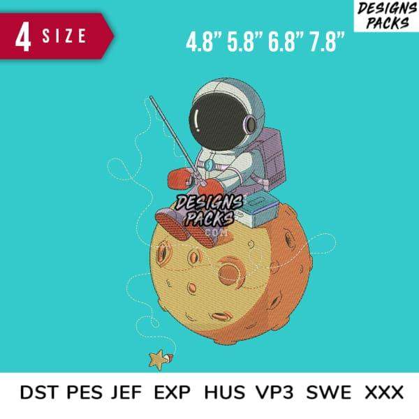 Astronaut embroidery design on moon, 4 sizes, DST PES JEF formats for machine embroidery