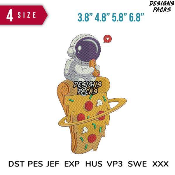 Astronaut eating pizza embroidery design in 4 sizes, compatible with DST PES JEF formats for instant download.