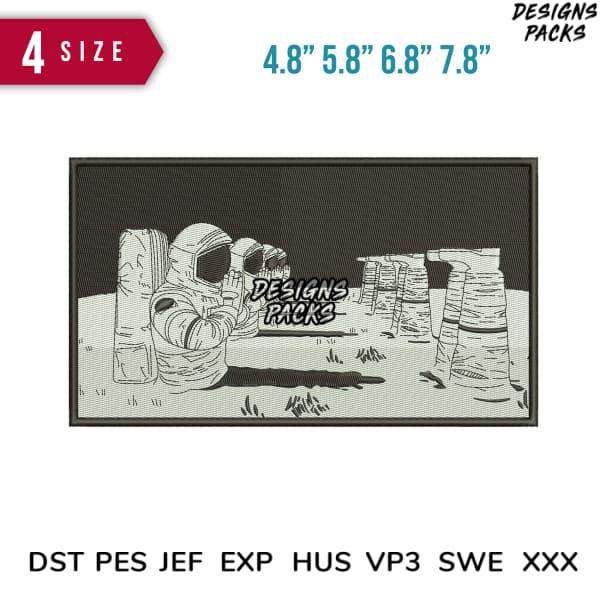Astronaut on moon embroidery design in 4 sizes, DST PES JEF formats, print-ready for DTG/DTF