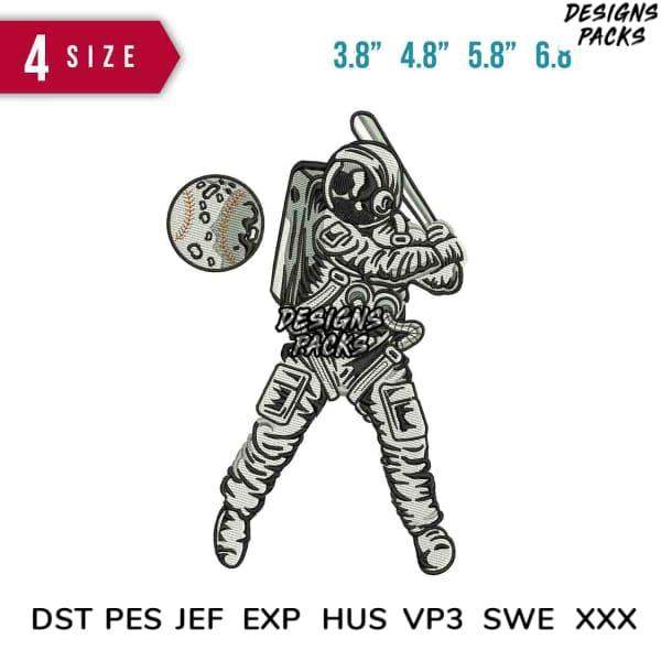 Astronaut baseball player embroidery design in multiple sizes, print-ready formats