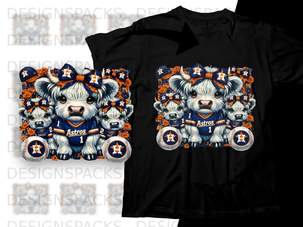 Houston Astros themed fluffy cow graphic with baseballs and orange flowers.