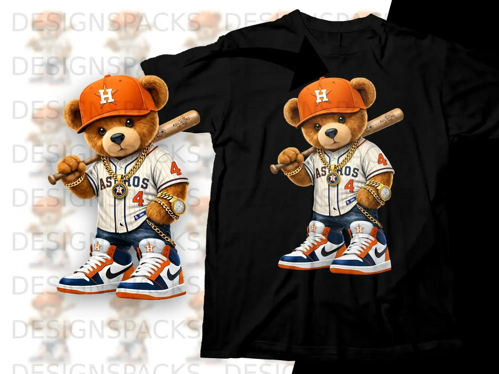 Cartoon bear in Astros baseball uniform with bat and gold chain.