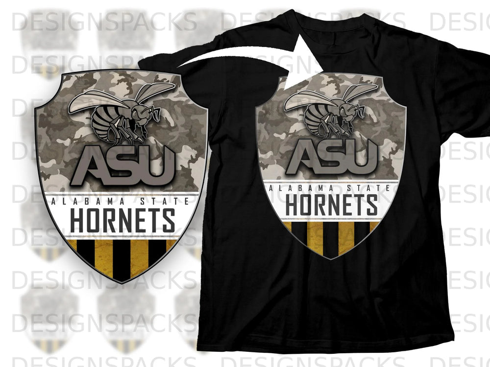 Black t-shirt with ASU Hornets shield logo featuring a bee and camouflage pattern.