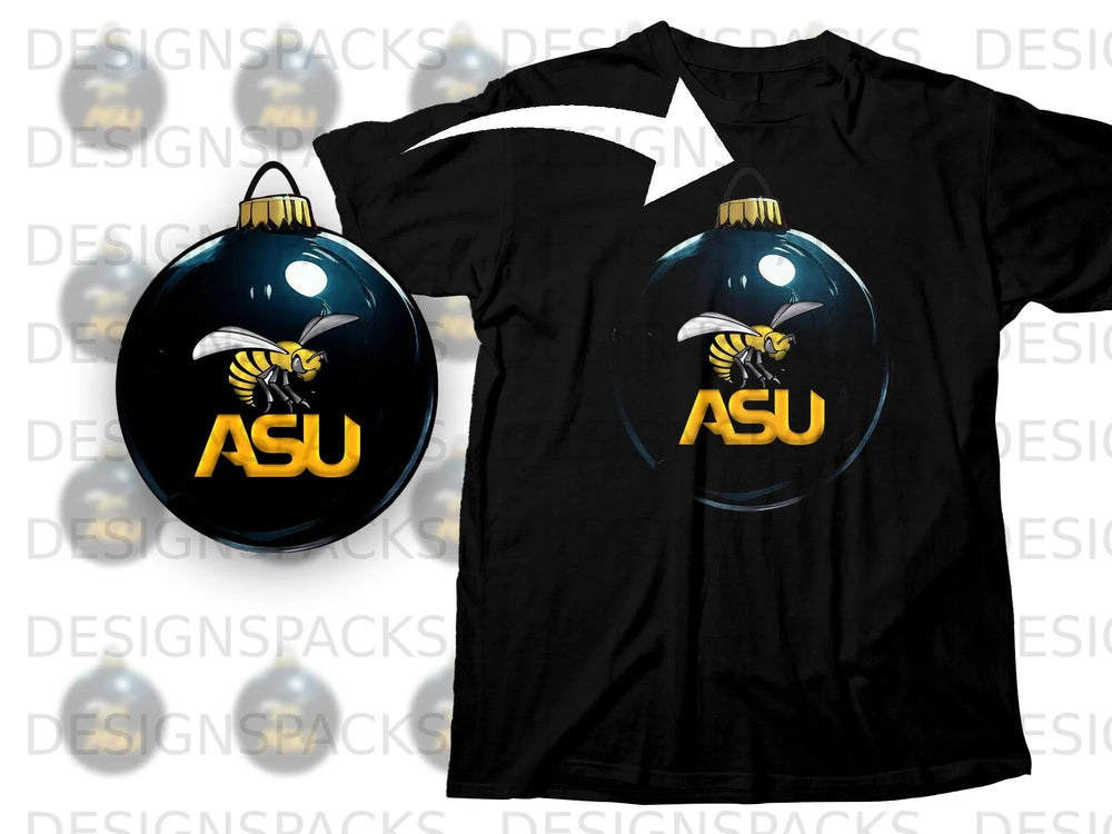 Black t-shirt with a clear ornament featuring a yellow wasp and "ASU" text.