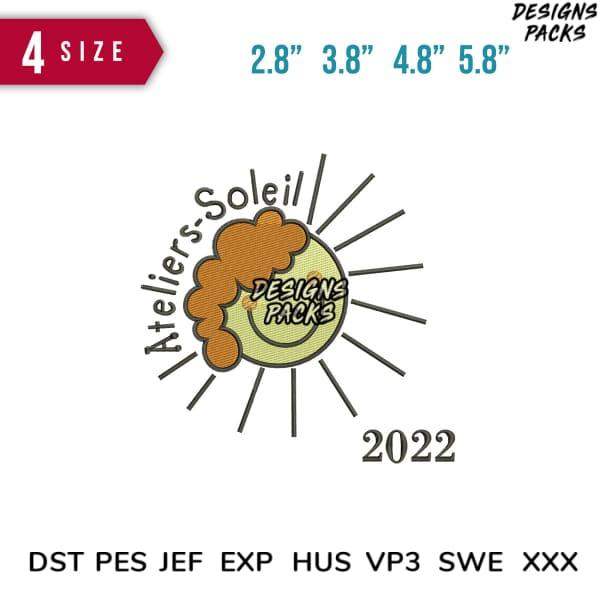 Sunburst embroidery design with 'Ateliers-Soleil 2022' text, available in 4 sizes and multiple file formats