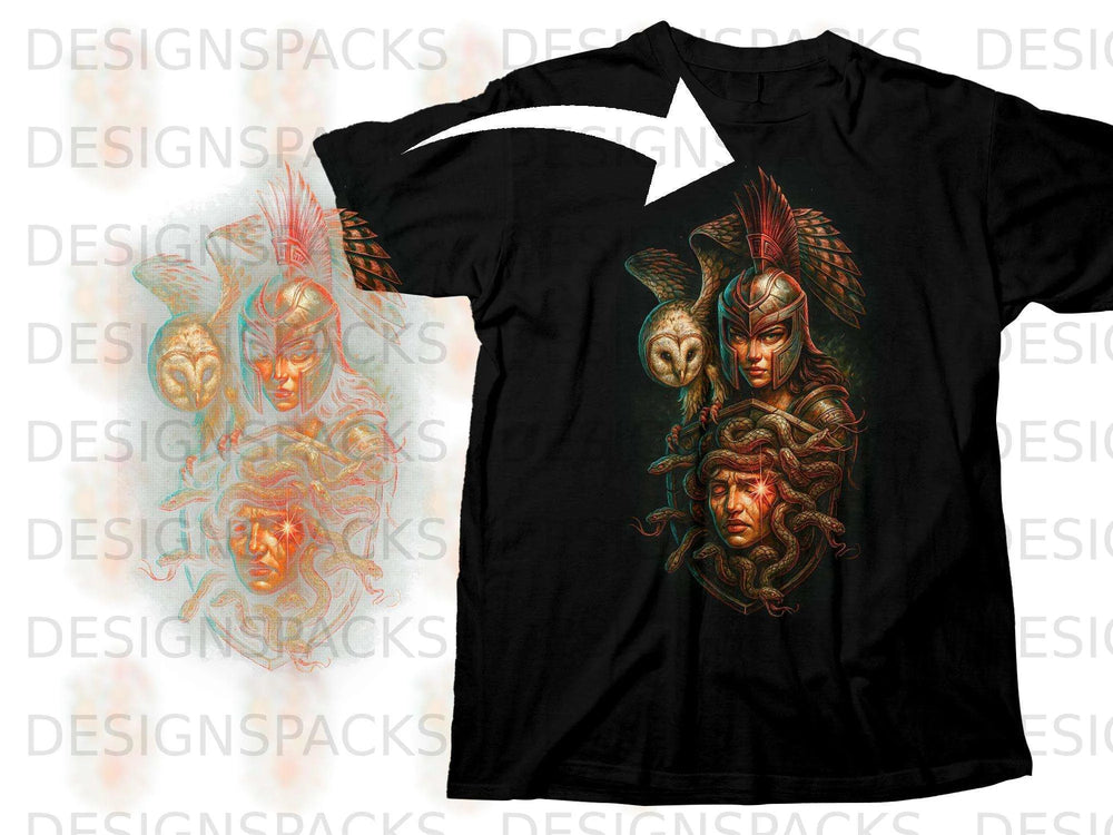 Black t-shirt with graphic of Medusa, owl, and warrior.