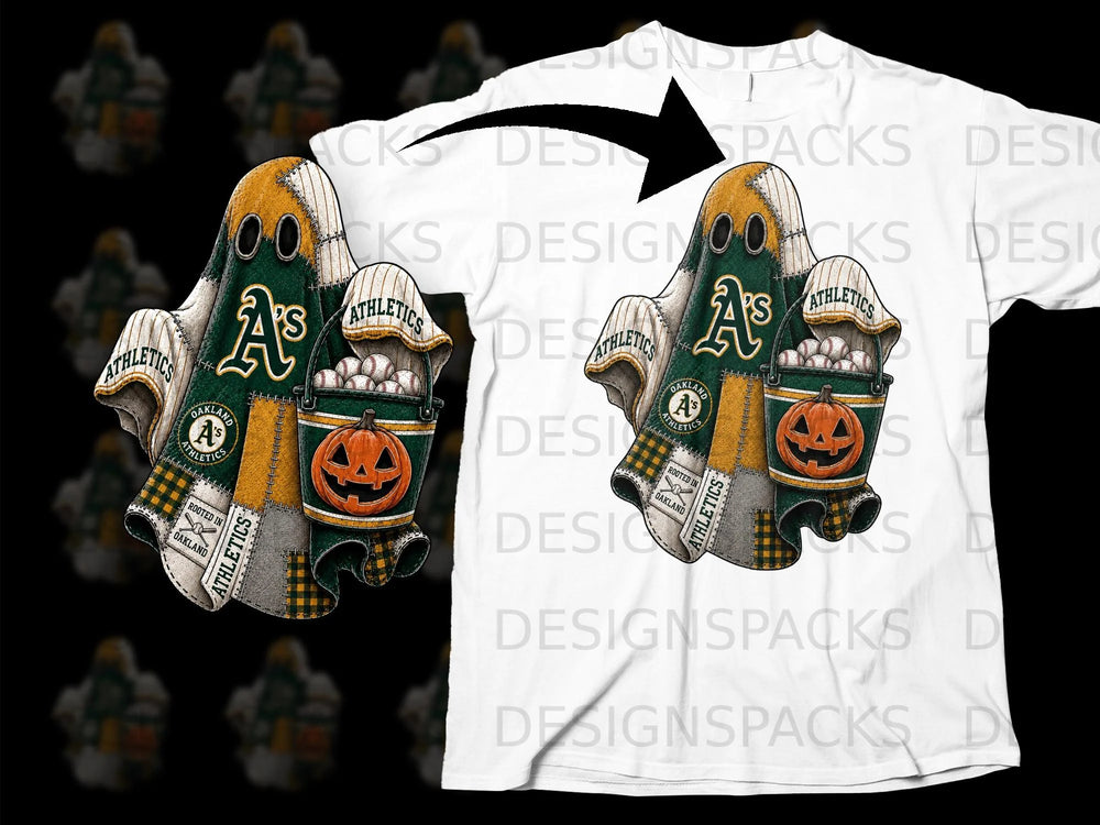 Oakland Athletics ghost with baseball bucket and pumpkin on white t-shirt.