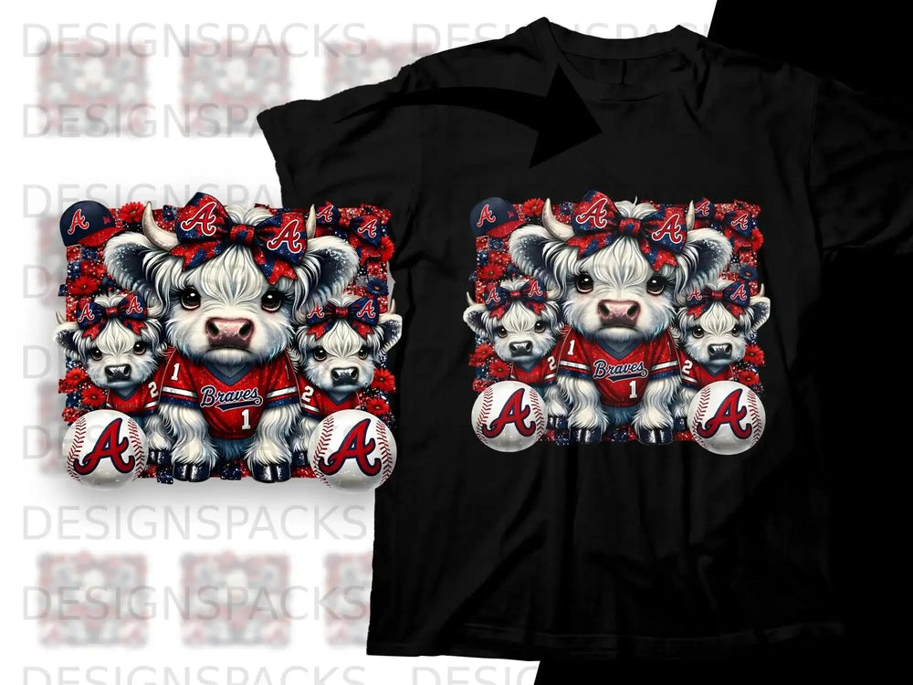 Braves themed graphic with four cartoon cows wearing bows and baseballs.