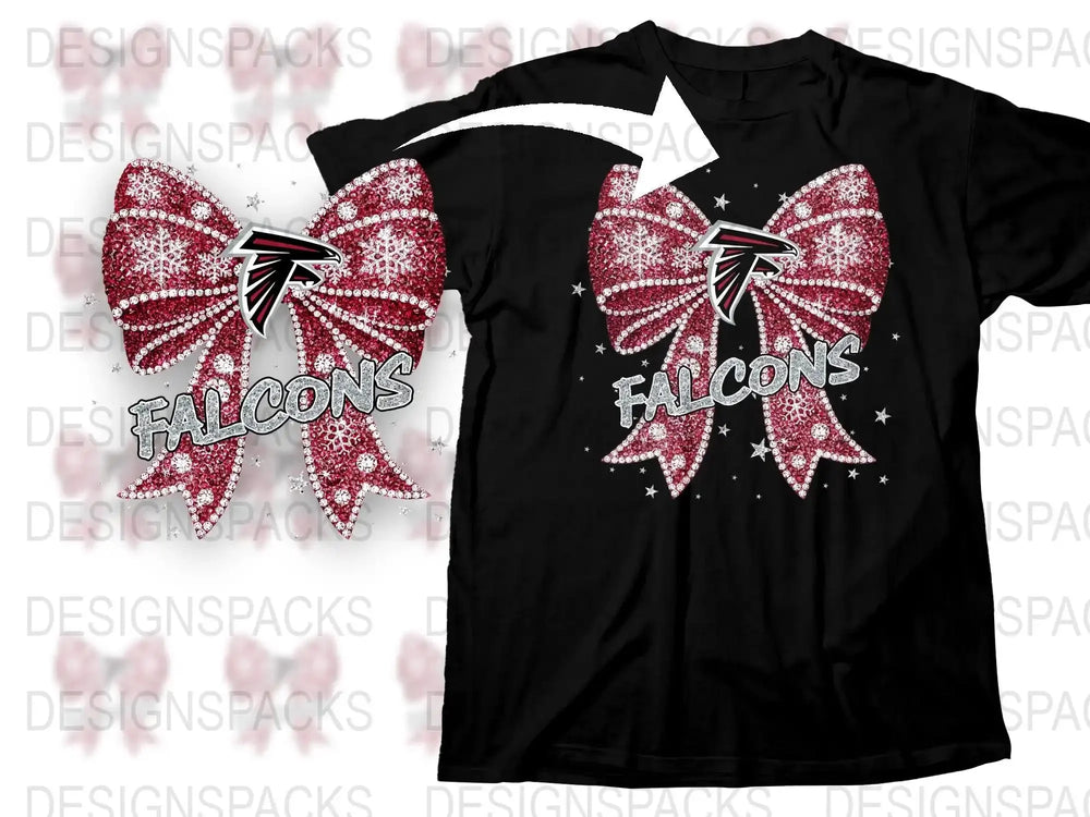 Falcons Sparkle Bow Design T-Shirt, Rhinestone Embellished Graphic Tee, Sports Team Fan Apparel, Casual Fashion Top