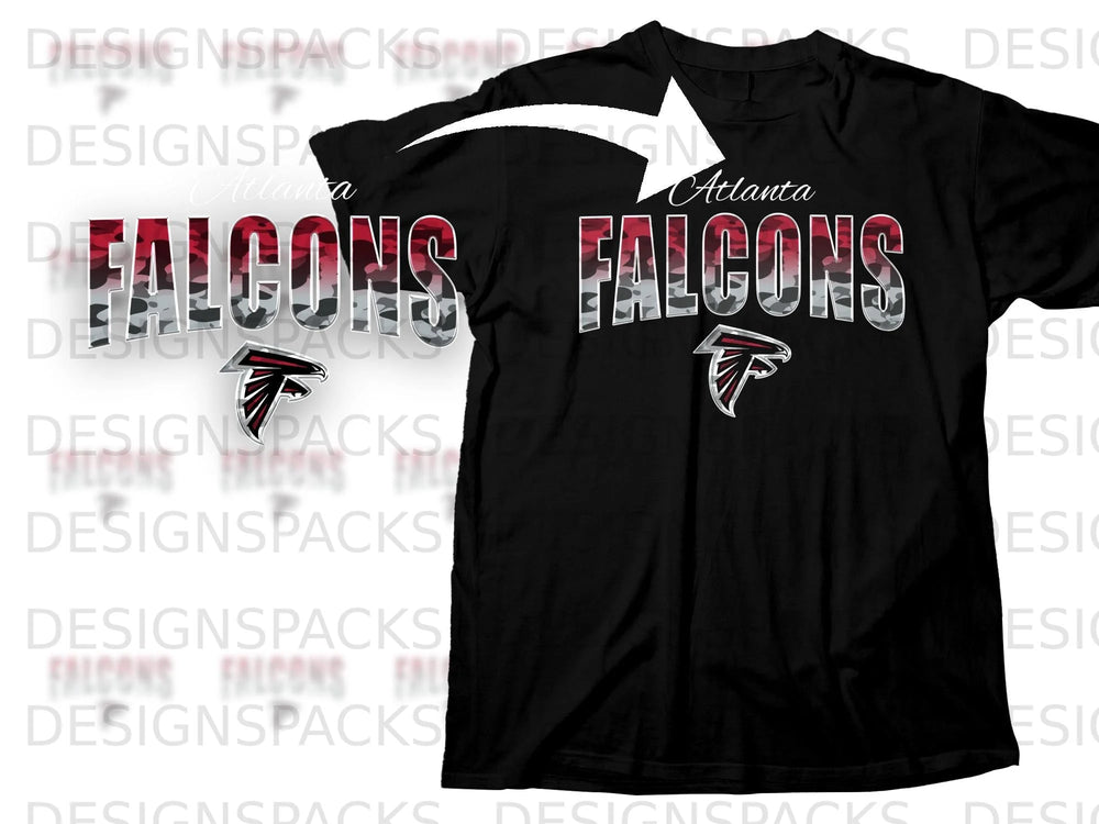 Black t-shirt with "Atlanta Falcons" text and team logo.