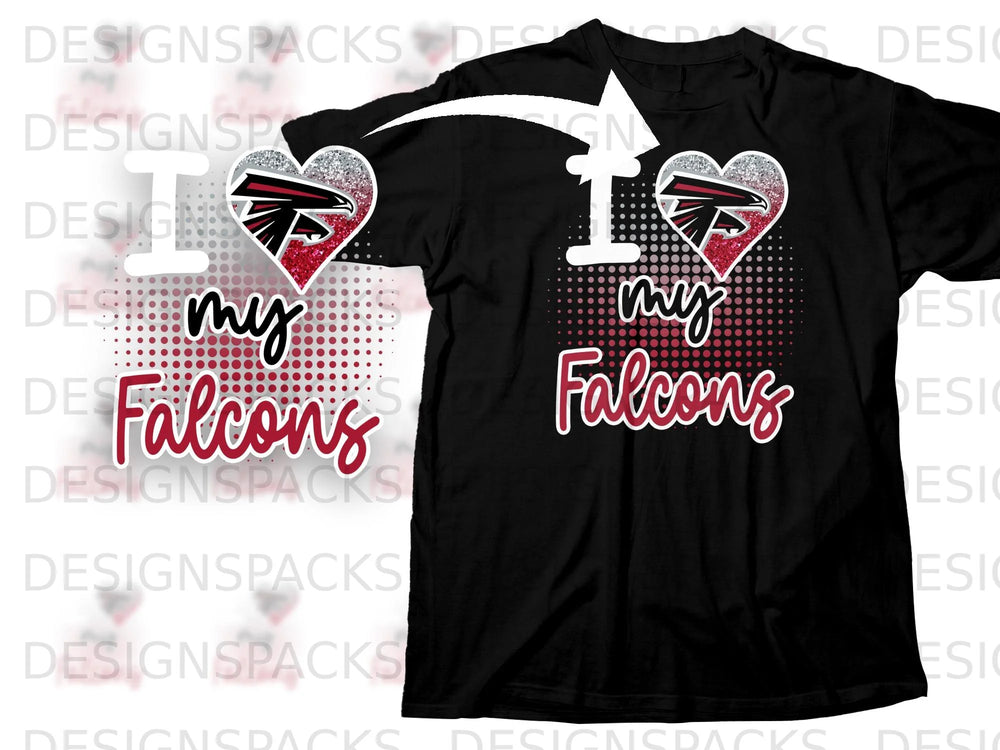 Black t-shirt with "I love my Falcons" graphic featuring a heart with a falcon logo.