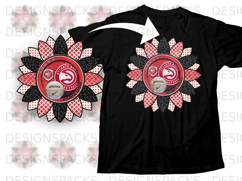 Atlanta Hawks basketball logo sunflower design on black t-shirt.
