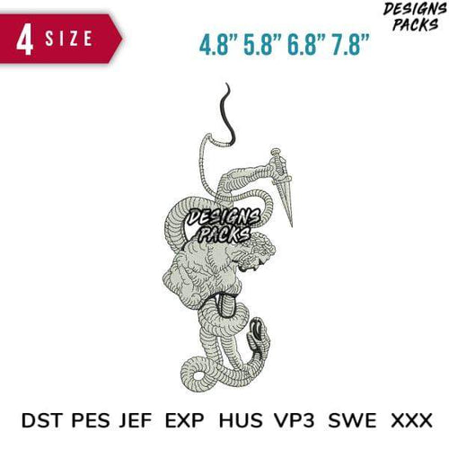 Embroidery design of snake coiled around dagger, available in 4 sizes & multiple formats (DST, PES, JEF, etc.)