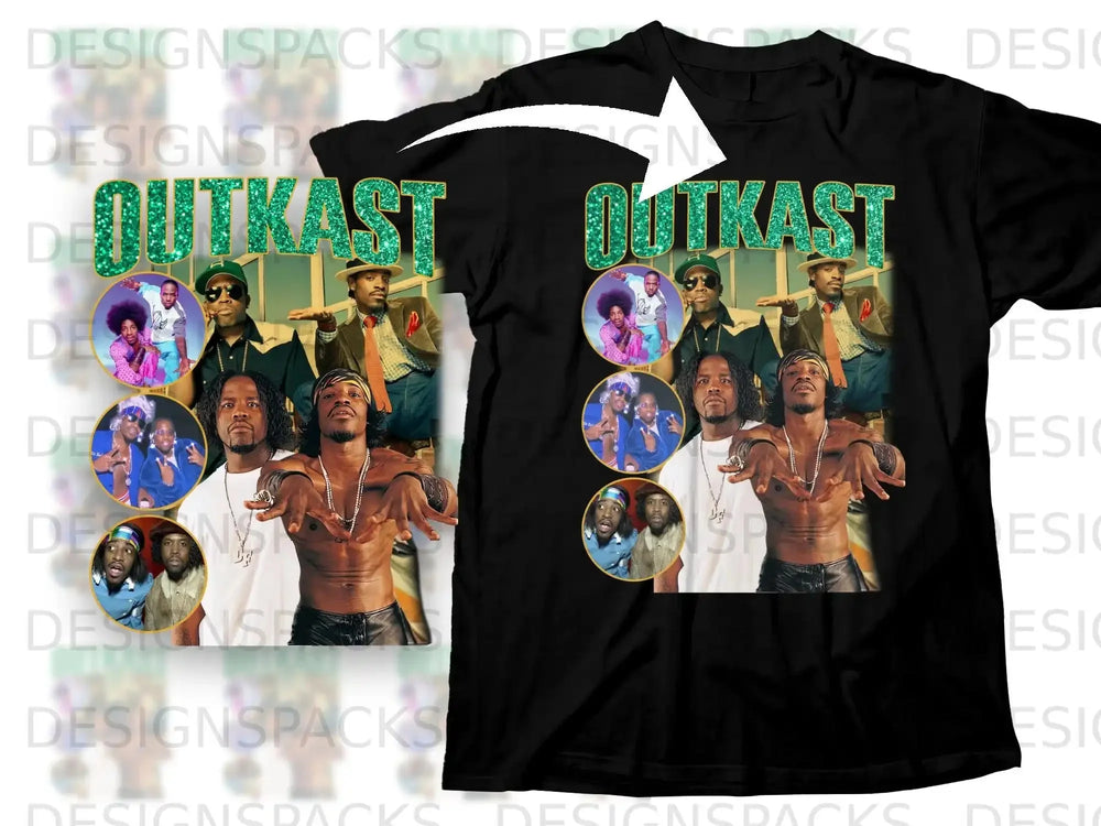 Black t-shirt with Outkast album art, featuring band members.
