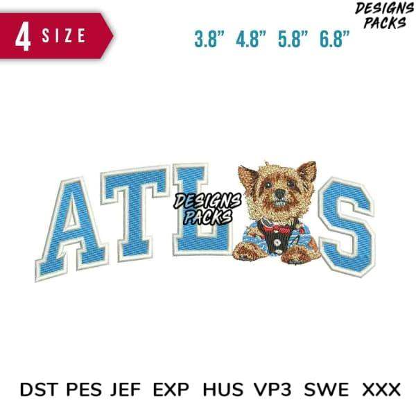 Cute dog in varsity-style 'ATLS' embroidery design, available in 4 sizes & multiple file formats for instant download.