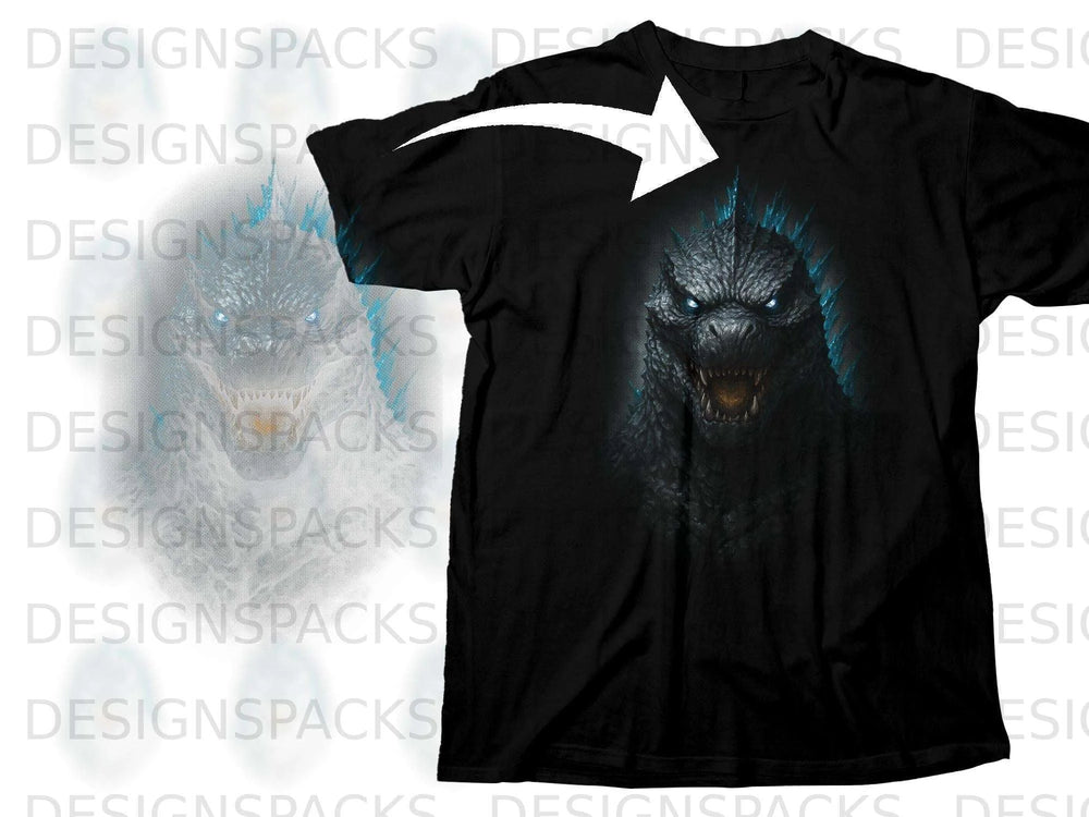 Black t-shirt with a detailed, fearsome Godzilla design and a white arrow.