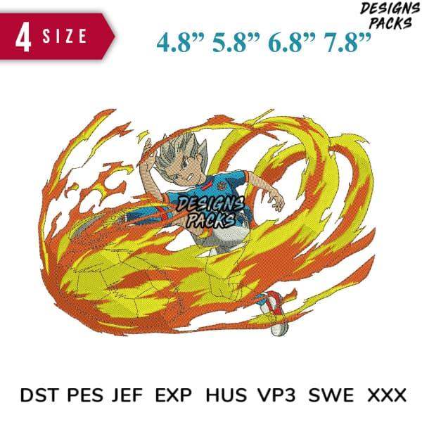 Anime soccer player with fiery swirl, embroidery design in DST PES formats, 4 sizes available