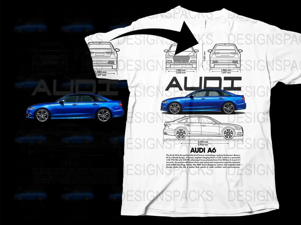 Audi A6 Inspired Graphic T-Shirt, Automotive Enthusiast, Car Blueprint Design, Men's White Tee