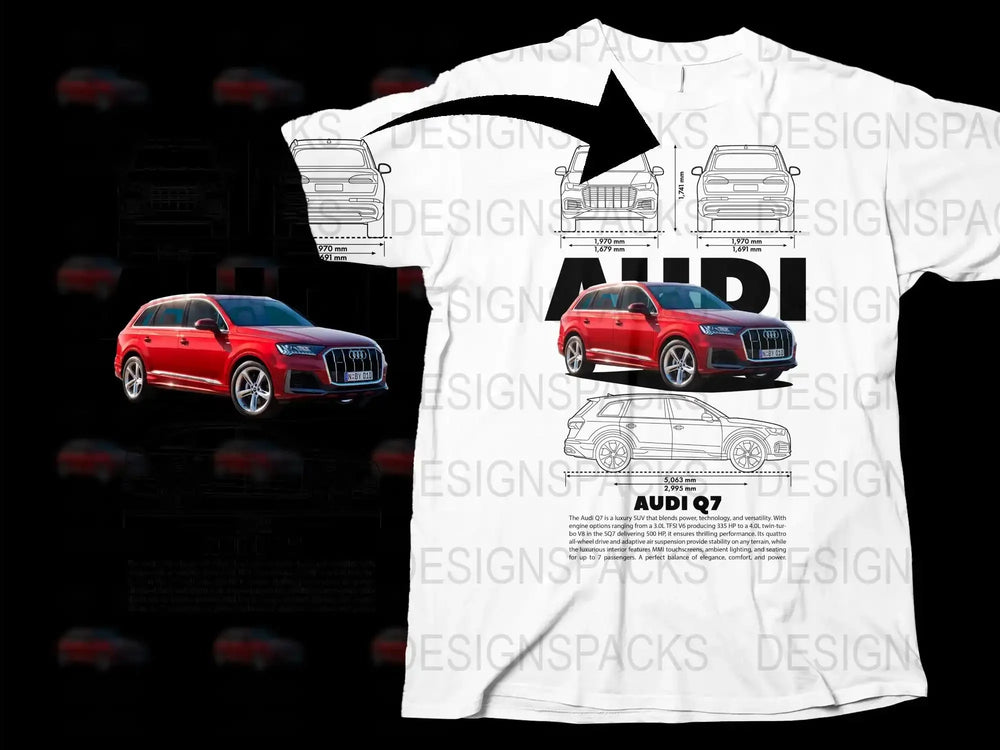 Audi Q7 Red SUV Car Graphic T-Shirt, Automotive Enthusiast, Detailed Car Blueprint, White Tee, Men's Fashion