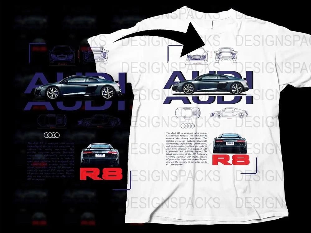 Audi R8 Car Blueprint Design Graphic Print Png Digital Download