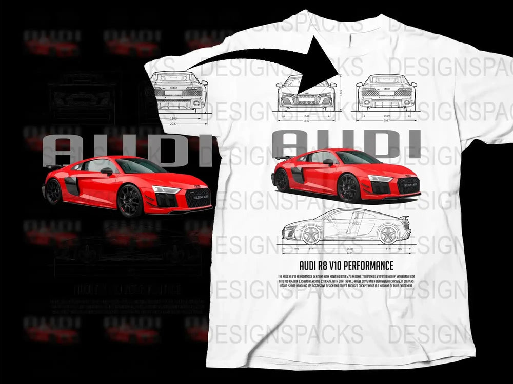 Audi R8 V10 Performance Inspired T-Shirt, Car Enthusiast Gift, Automotive Apparel, Racing Tee, Collector's Edition White Shirt