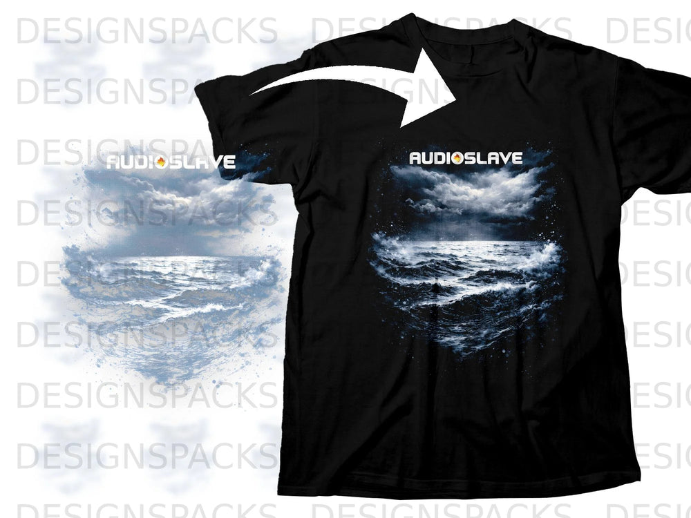 Black Audioslave t-shirt with stormy sea graphic and logo.