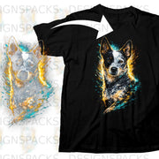 Black t-shirt with a distressed Australian Cattle Dog graphic in vibrant colors.