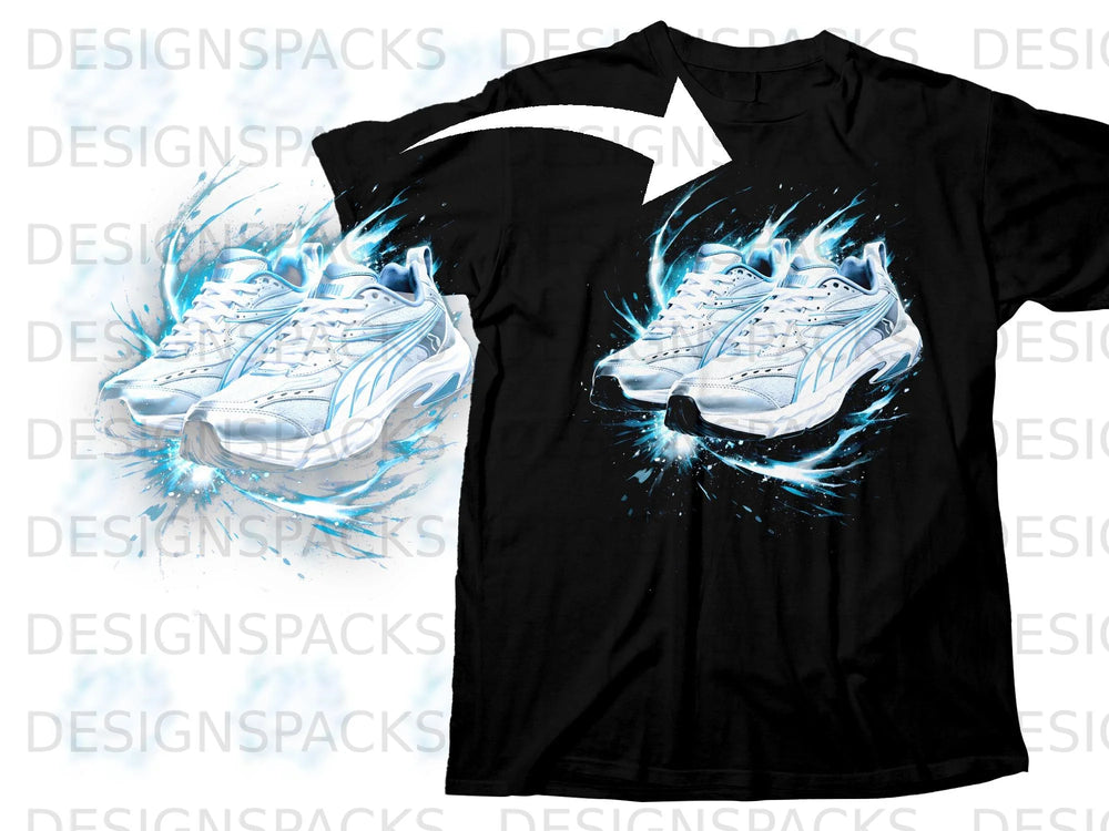 Black t-shirt with a graphic of white sneakers surrounded by blue splashes.
