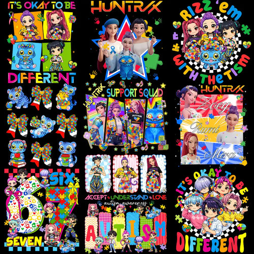 11 Autism Awareness Huntrix Kids Colors Puzzle Designs Bundle PNG