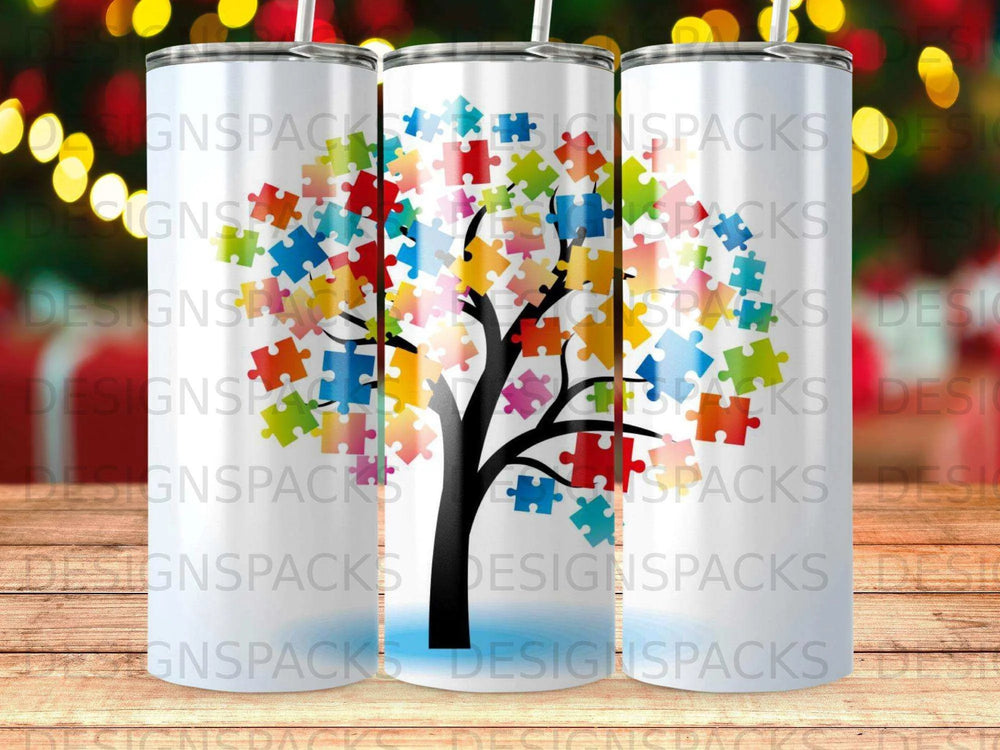 Autism Awareness Puzzle Tree Art Tumbler Digital Wrap Design