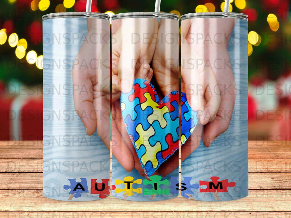 Autism Puzzle Heart Hands Colorful Support Tumbler Digital Wrap Design