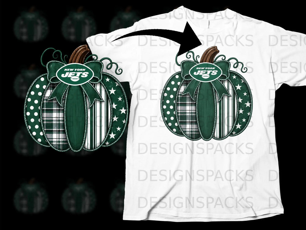 New York Jets pumpkin graphic with green bow and assorted patterns on a white t-shirt.