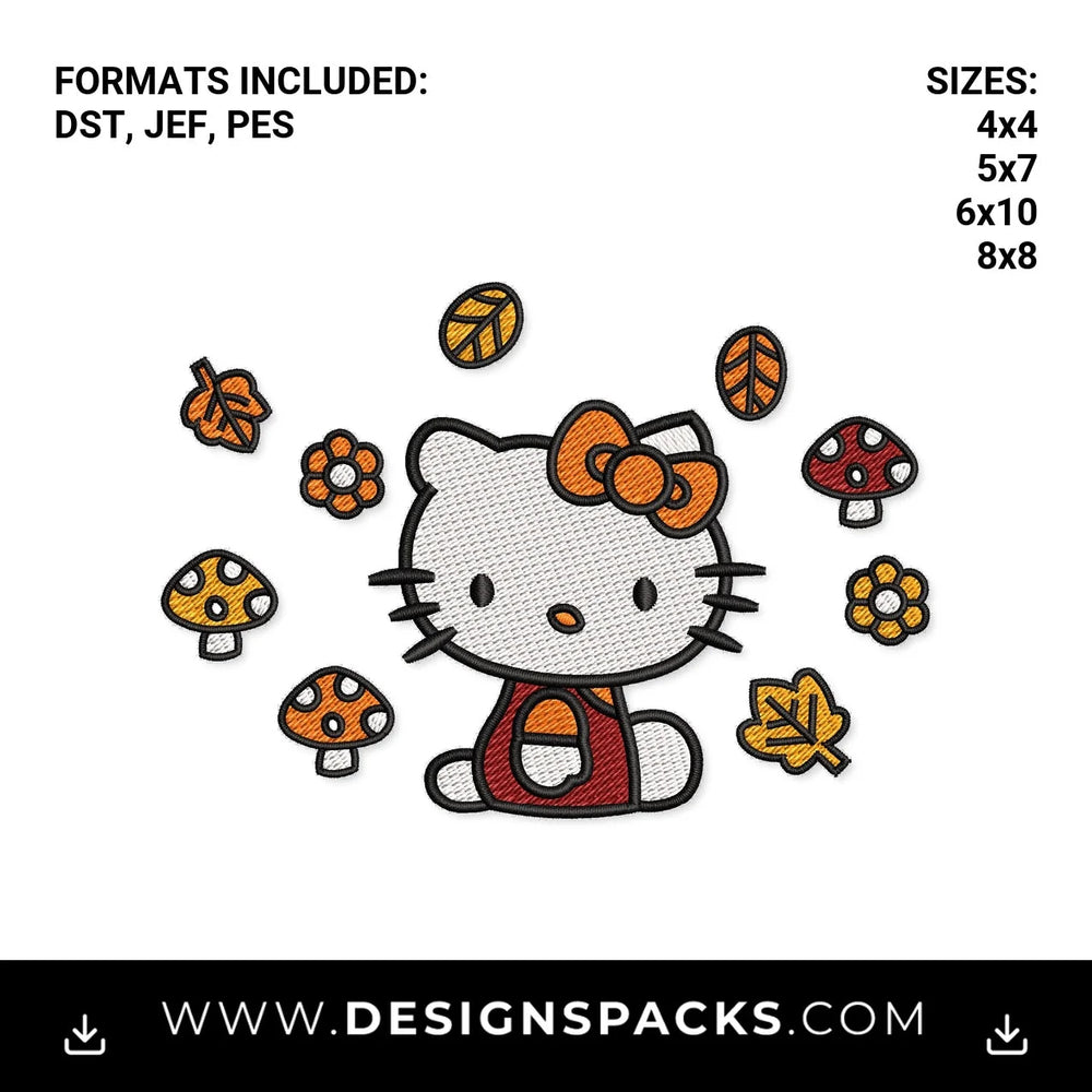 Autumn Kitty with Leaves and Mushrooms Embroidery Design - Instant digital download pattern at Designspacks.com