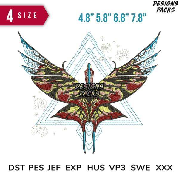 Camouflage winged dragon embroidery design in 4 sizes, DST PES JEF formats for instant download