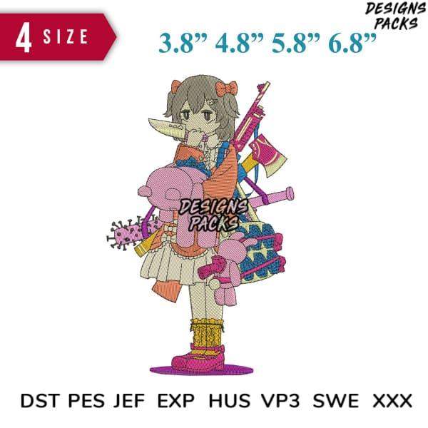 Anime girl embroidery design with weapons, available in DST PES JEF formats for instant download