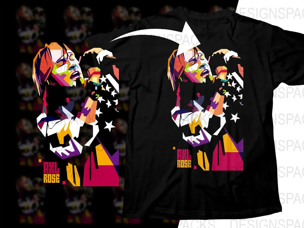 Vibrant Axl Rose geometric t-shirt design, print-ready for DTG/DTF, featuring colorful polygonal art and stars.