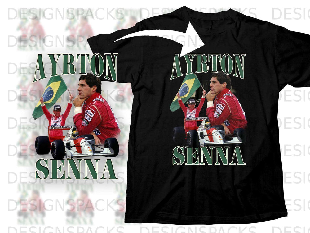 Black t-shirt featuring Ayrton Senna graphic with racing helmet and flag.